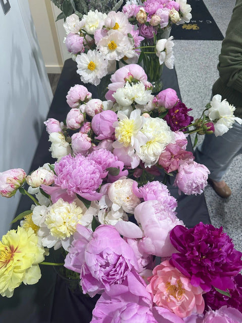 Bouquet of colorful flowers including pink, white, and purple on a dark surface.
