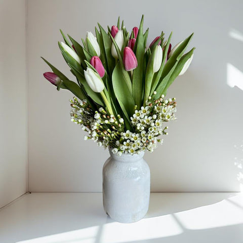 Bouquet of tulips in a white vase on a light surface with a white background